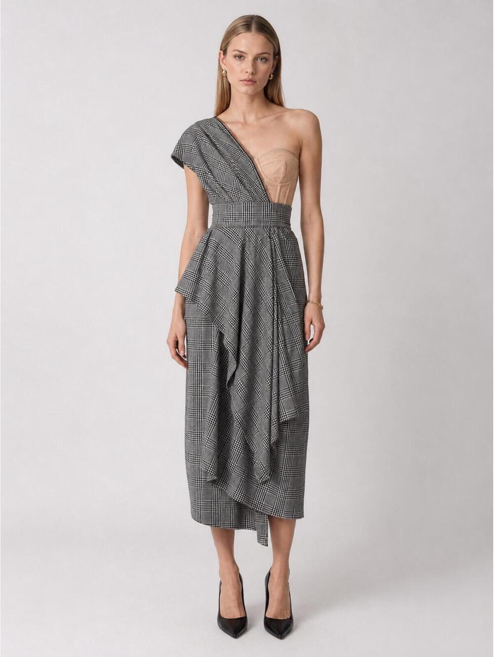 Dolce & Gabbana Glen Plaid One-Shoulder Bustier Midi Dress IT 40 US 4 | NWT